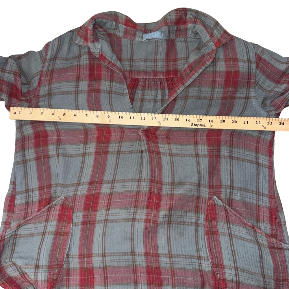 CP Shades Grey Red Plaid Flannel Tunic Top V-Neck Pockets Herringbone L - Picture 7 of 8